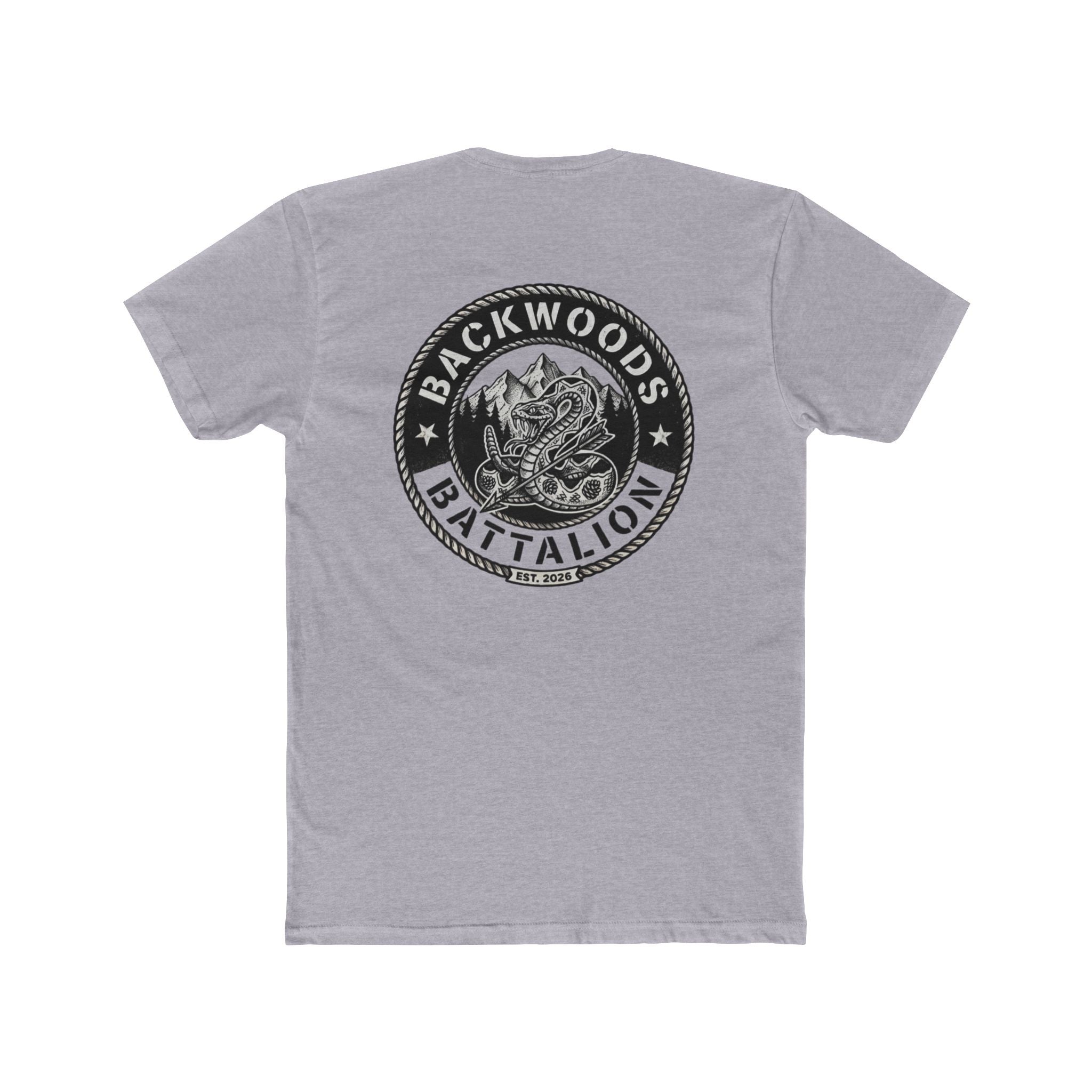 Backwoods Battalion Graphic Tee — Snake Patch Logo Crew Shirt