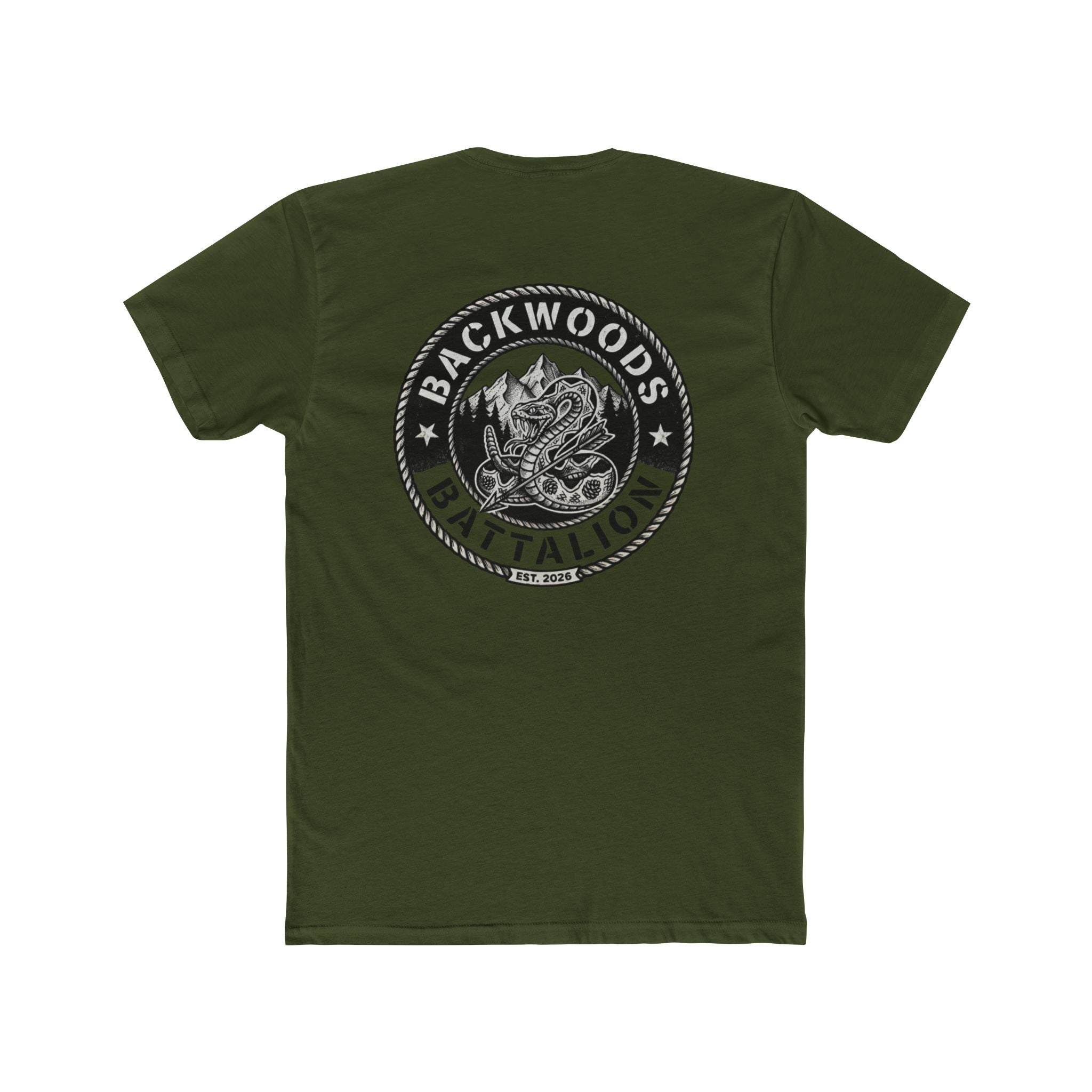 Backwoods Battalion Graphic Tee — Snake Patch Logo Crew Shirt