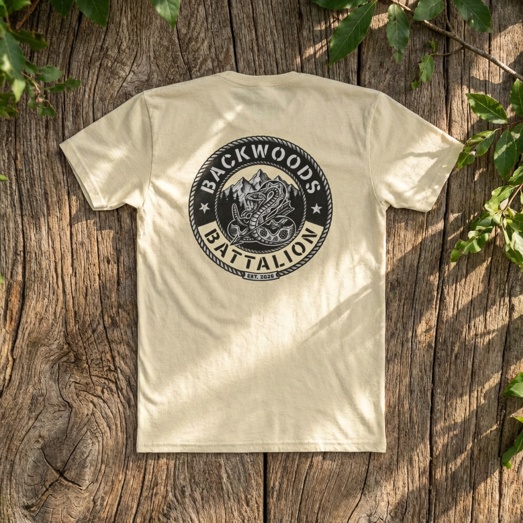 Backwoods Battalion Graphic Tee — Snake Patch Logo Crew Shirt