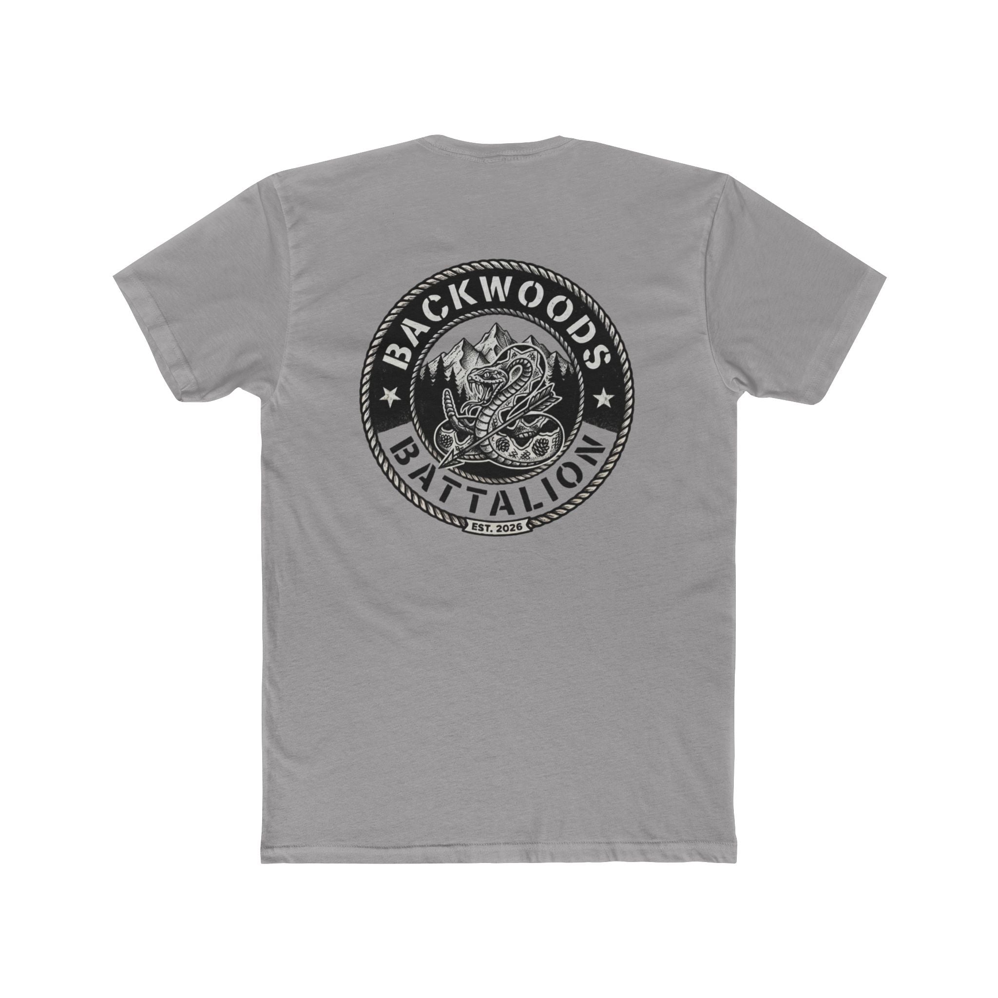 Backwoods Battalion Graphic Tee — Snake Patch Logo Crew Shirt